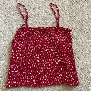 Cropped red ribbed tank with white flowers